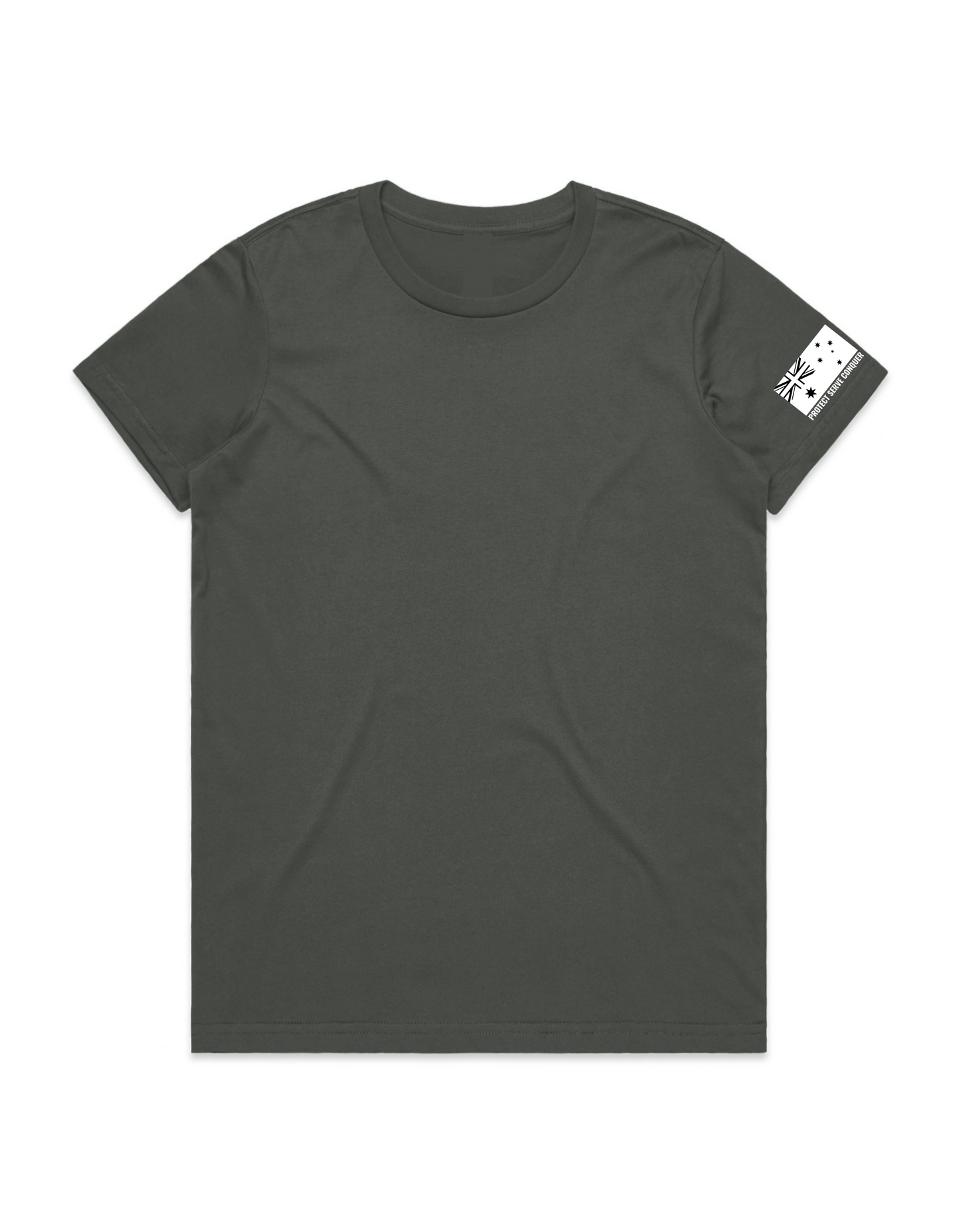 PROTECT SERVE CONQUER LADIES TEE - WHITE LOGO
